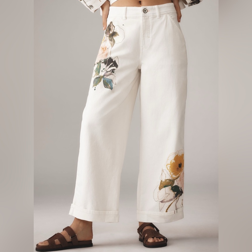 LEIGH VINER X ANTHROPOLOGIE PILCRO Cuffed Wide‎ Leg Trousers Pants Floral 29